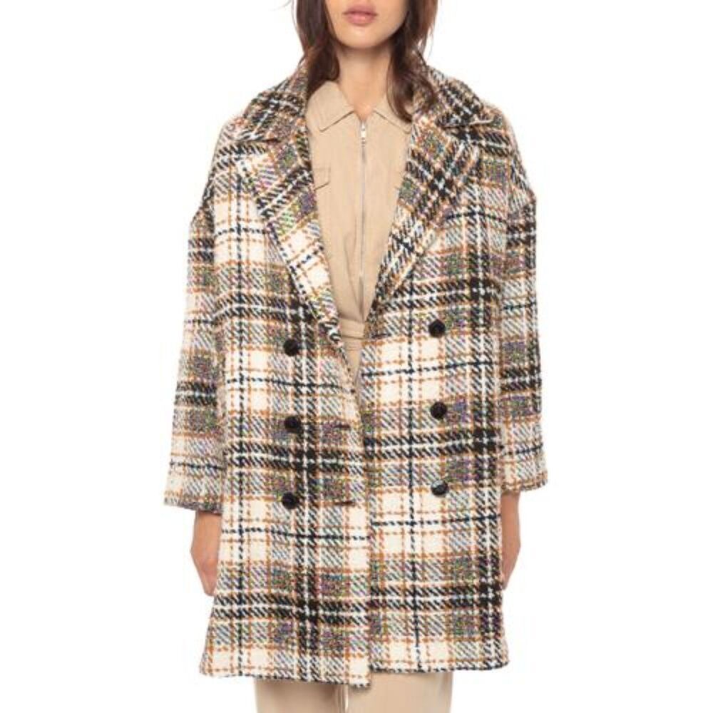 DESIGUAL Cream Black Neon Colorful Plaid Tweed Oversized Heavy Duke Coat Small
